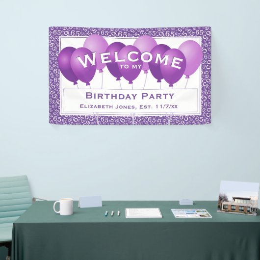 Welkom 65ste Verjaardag Nummer Patroon | Paars/wit Spandoek (Beurs)