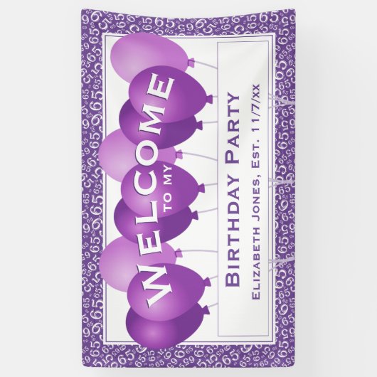Welkom 65ste Verjaardag Nummer Patroon | Paars/wit Spandoek (Verticaal)
