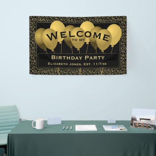 Welkom 65th Birthday Number Pattern | Zwart/goud Spandoek (Beurs)