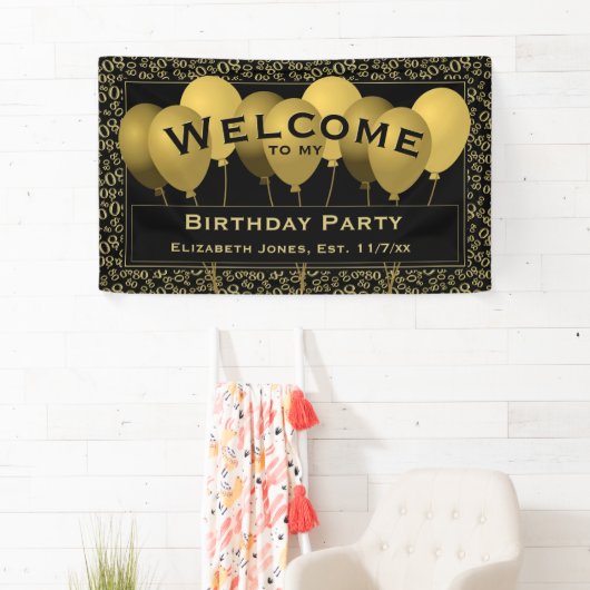 Welkom 80th Birthday Number Pattern | Zwart/goud Spandoek (Insitu)