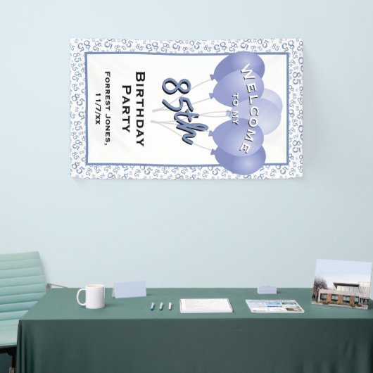 Welkom 85e verjaardag nummer Patten blauw/wit Spandoek (Beurs)