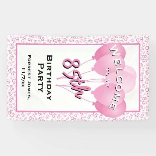 Welkom 85e verjaardag nummer Patten Roze/Wit Spandoek (Horizontaal)