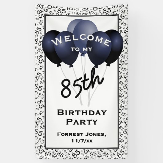Welkom 85e verjaardag nummer Patten zwart/wit Spandoek (Verticaal)