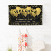 Welkom 85th Birthday Number Pattern | Zwart/goud Spandoek (Insitu)