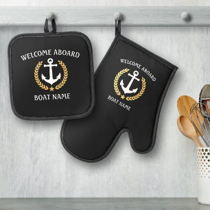 Welkom aan boord Bootnaam Anker Gold Laurel Star Ovenwant & Pannenlap Set