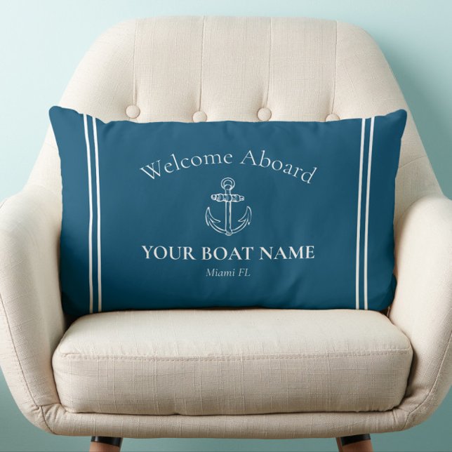 Welkom aan boord Bootnaam Ocean Blue Nautical Kussen (Traditional Nautical Welcome Aboard Lumbar Pillow Personalized with Your Boat Name and Home Port)