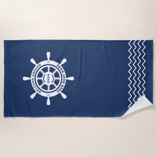 Welkom aan boord van Navy Blue Custom Boat Name Strandlaken (Voorkant)