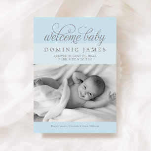 Welkom Baby Boy Elegante Lichtblauwe Foto Geboorte Aankondiging