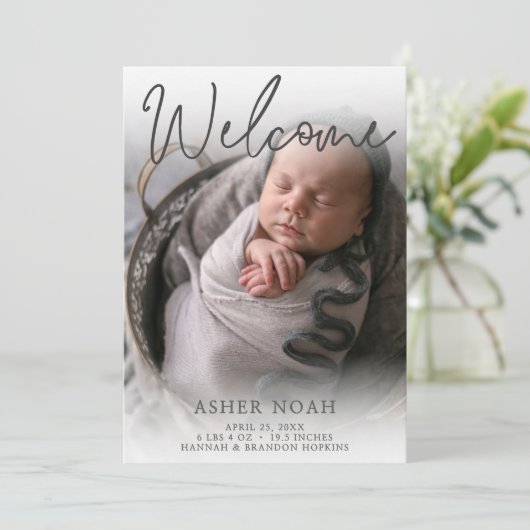 Welkom Baby Boy Foto Aankondiging van de geboorte (Staand voorkant)