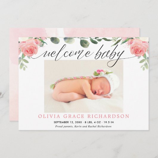 Welkom baby eucalyptus florale geboorte aankondigi (Voorkant / Achterkant)