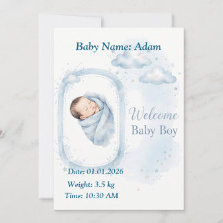 Welkom Baby Jongen - Blauwe Waterverf Kaart