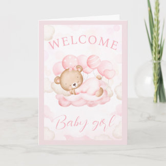 Welkom Baby Meisje Aangepaste Naam Roze Beer Kaart