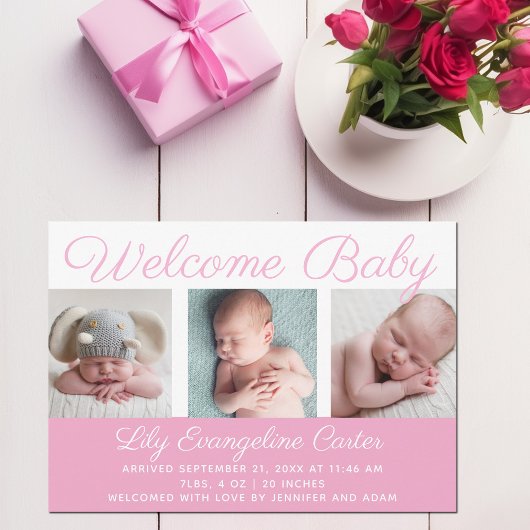 Welkom Baby Meisje Foto Mooie Roze Script Geboorte Aankondiging