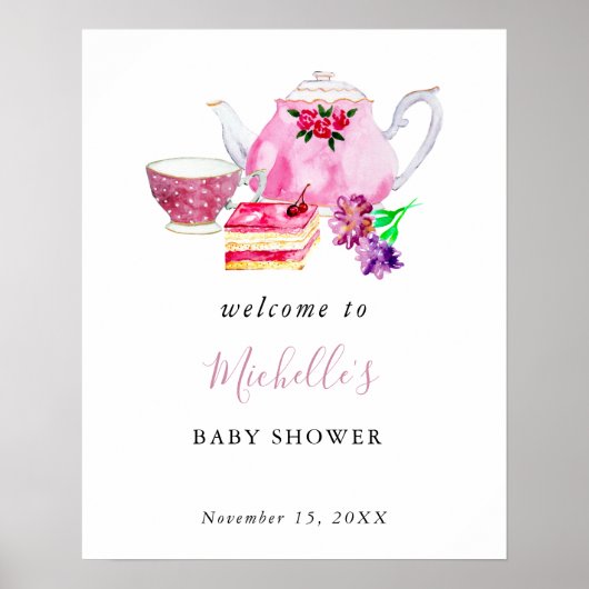 Welkom Baby Shower Theepartij Roze Waterverf Poster (Voorkant)