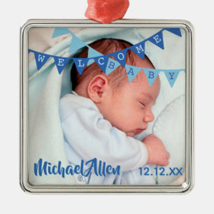 Welkom babyjongen blauwe banners   Datum, naam, fo Metalen Ornament