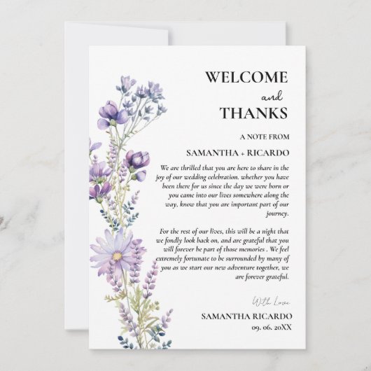 Welkom & bedankt bloemenbruiloft gast tafel Kaart (Voorkant)