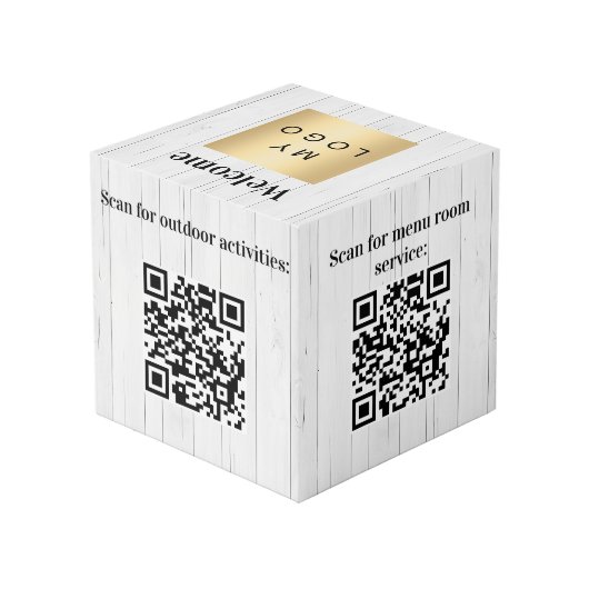 Welkom bedrijf logo QR codes hout info tabel Kubus (Achter hoekig)