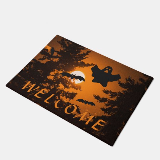 Welkom bij Black and Oranje Spooky Halloween Night Deurmat (Schuin)
