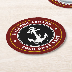 Welkom bij Boat Name Anchor Red Gold Style Rou Ronde Kartonnen Onderzetter