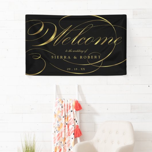 Welkom bij bruiloft Elegant Faux Foil Gold Script Spandoek (Insitu)