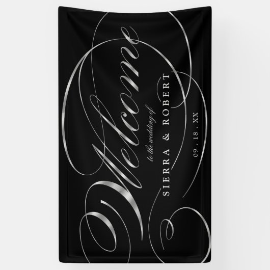 Welkom bij bruiloft Elegant Faux Silver Script Spandoek (Verticaal)