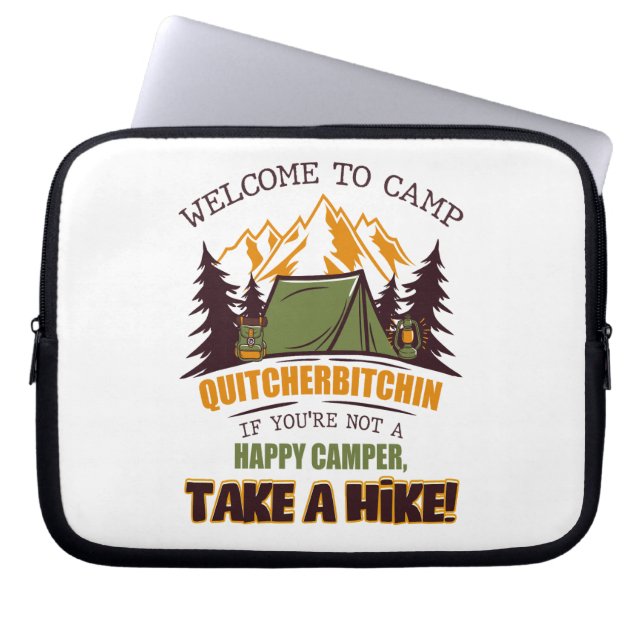 Welkom bij Camp Quitcherbitchin Happy Camper Laptop Sleeve (Voorkant)