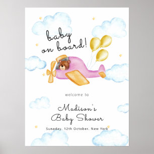 Welkom bij de baby shower met berenballonvliegtuig poster