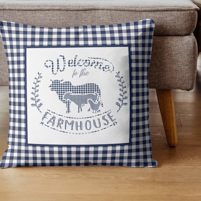 Welkom bij de boerderij Blue Gingham Kussen (Creator heeft geüpload)