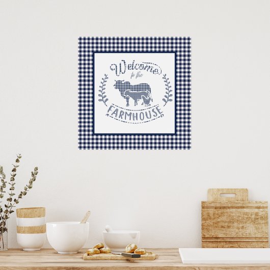 Welkom bij de boerderij Blue Gingham Poster (Keuken)