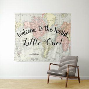 Welkom bij het wereldkaart baby shower achtergrond wandkleed