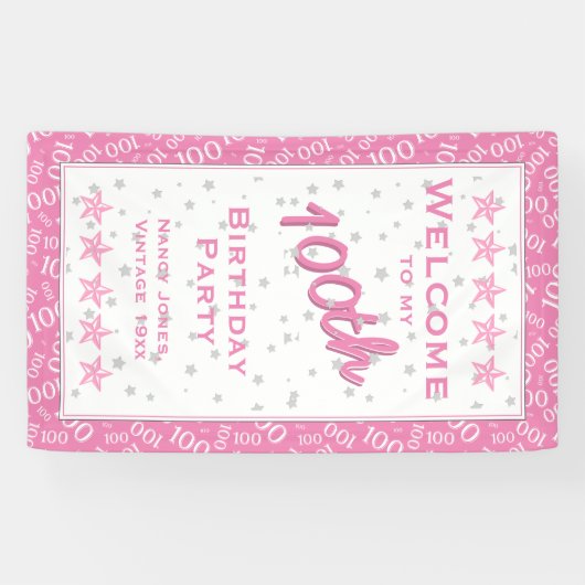 Welkom bij mijn 100e verjaardag - Roze/Wit Spandoek (Horizontaal)