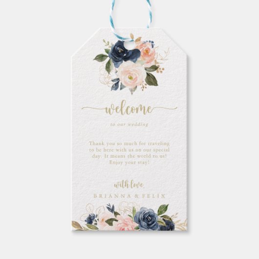 Welkom bij Navy Blush Floral Gold Wedding Cadeaulabel (Voorkant)