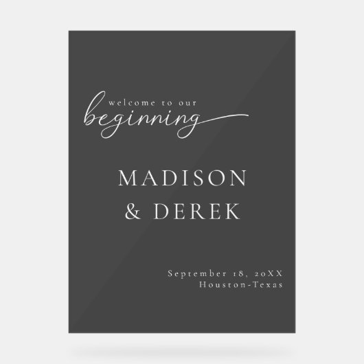 "WELKOM BIJ ONS BEGIN" Bruiloftsfeest Zwart Acryl Bord (Voorkant)