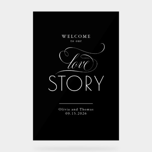 Welkom bij ons liefdesverhaal Black Wedding Welkom Acryl Bord (Voorkant)