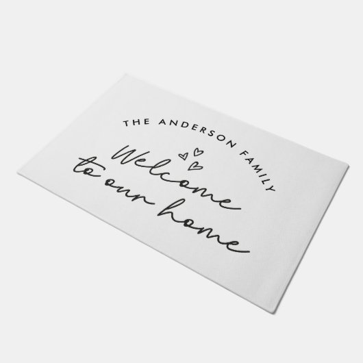 Welkom bij ons moderne script zwart-wit deurmat (Schuin)