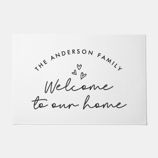 Welkom bij ons moderne script zwart-wit deurmat (Voorkant)