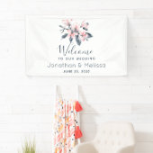 Welkom bij onze bruiloft roze en grijze bloemen Cl Spandoek (Insitu)