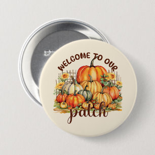 Welkom bij Onze Patch – Cosy Pumpkin Patch Ronde Button 7,6 Cm