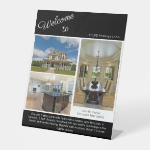 Welkom bij Open Huis Foto Real Estate Chic Zwart Reclamebord Met Voetstuk