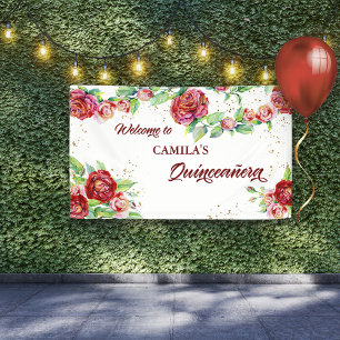 Welkom bij Quinceanera Rode Rozen Bloemenslingers Spandoek