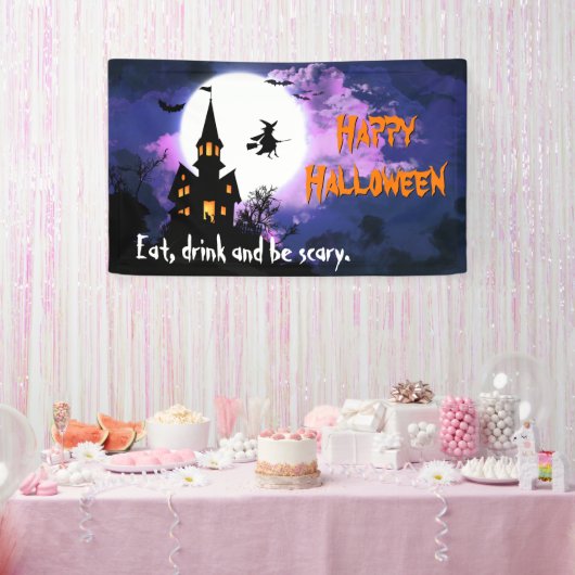 Welkom bij Scary Haunted House - Happy Halloween Spandoek (Feest)