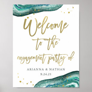 Welkom blauwgroen Geode en Gold Engagement Party Poster