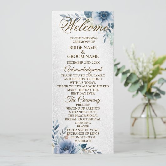 Welkom Bruiloft Dusty Blue Waterverf Flowers Programma (Staand voorkant)