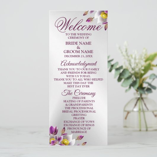 Welkom bruiloft Floral Pink Paars Silver Elegant Programma (Staand voorkant)