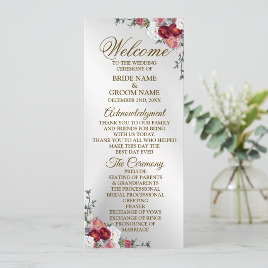 Welkom bruiloft kleurig rood wit zilver programma (Staand voorkant)