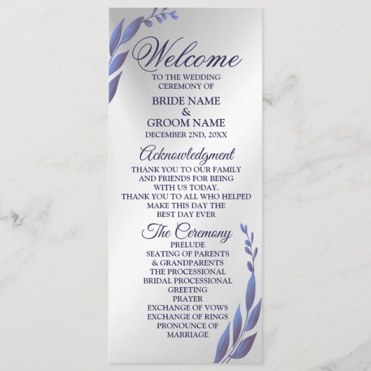 Welkom bruiloft Paars Blue Floral Silver Modern Programma (Voorkant)