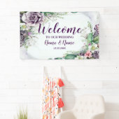 Welkom bruiloft Paarse Floral Green Foliage Spandoek (Insitu)