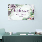 Welkom bruiloft Paarse Floral Green Foliage Spandoek (Beurs)