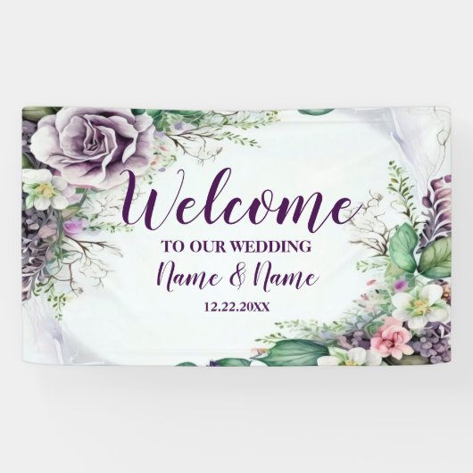Welkom bruiloft Paarse Floral Green Foliage Spandoek (Horizontaal)