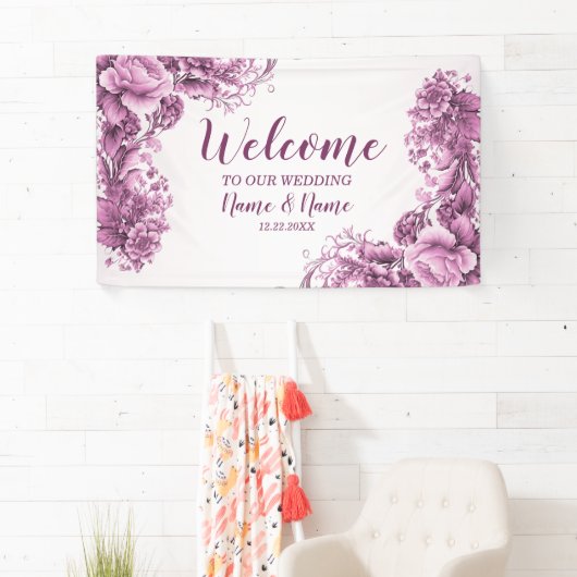 Welkom bruiloft Partij Roze Bloemen Legant Modern Spandoek (Insitu)